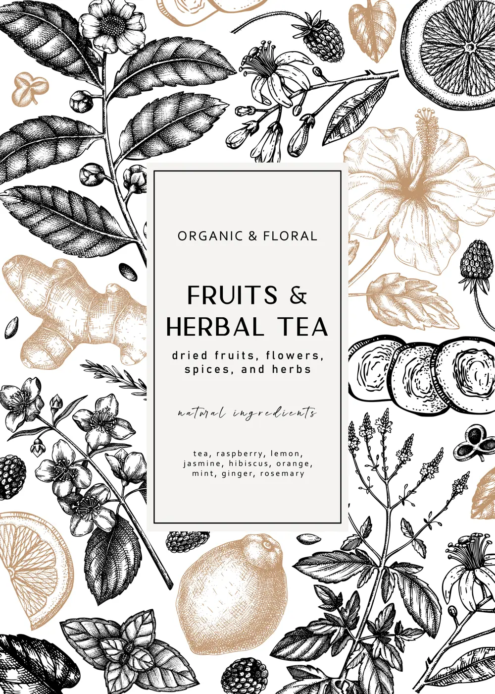 Vintage card design with hand-drawn herbal. Vector herbs, leaves, flowers, fruits hand drawings background. Perfect for recipe, menu, label, packaging. Herbal tea template. Botanical drawings Illustration